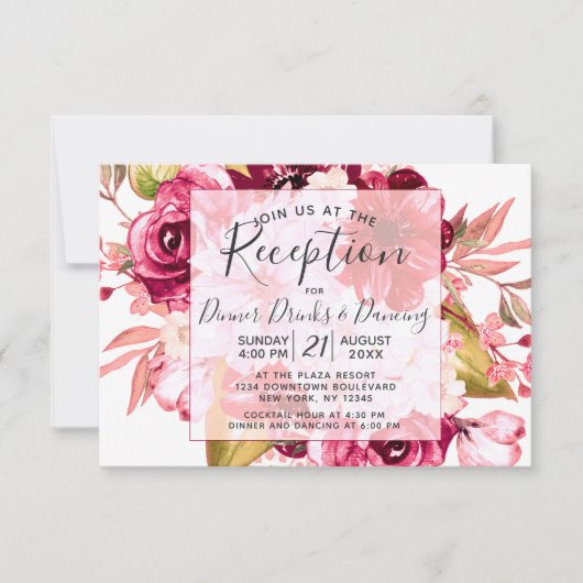 Bourgondische bloem vierkante frame bruiloft recep kaart (Voorkant)