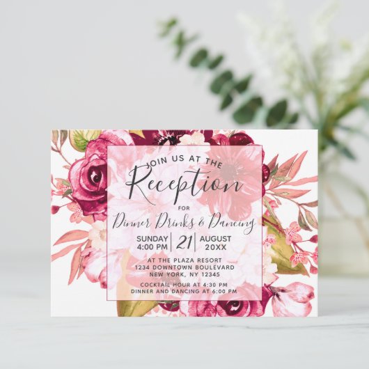 Bourgondische bloem vierkante frame bruiloft recep kaart (Staand voorkant)