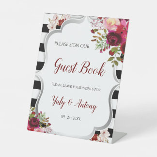 Bourgondische bloem zwarte en witte strepen gastbo reclamebord met voetstuk
