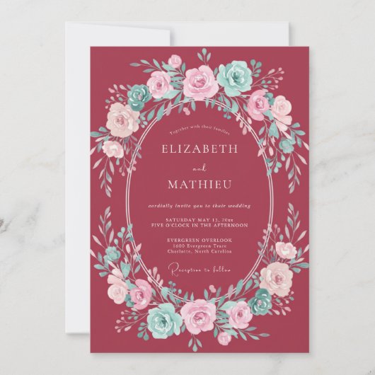 Bourgondische bloemaccent romantische bruiloft kaart (Voorkant)