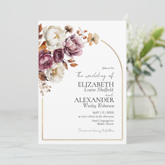 Bourgondische bloemboog goud  | Herfst Foto Bruilo Kaart (Staand voorkant)