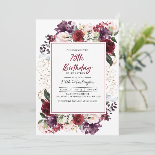 Bourgondische bloemen 75e verjaardagsuitnodiging kaart (Staand voorkant)