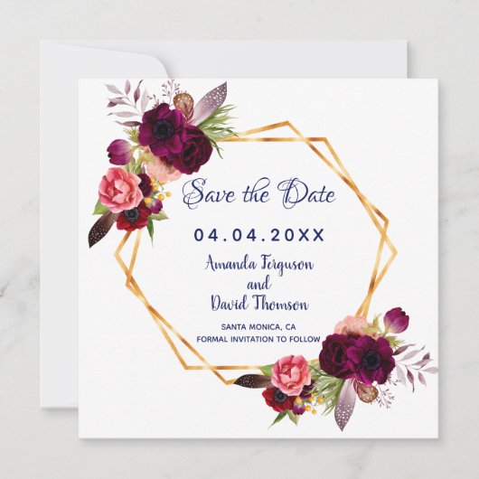 Bourgondische Bloemen Blauwe Trouw Save the date (Voorkant)
