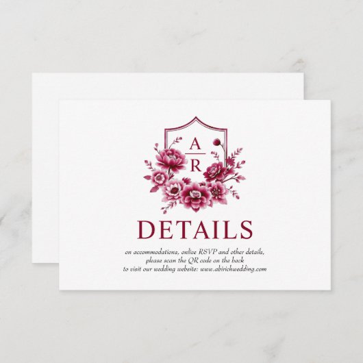 Bourgondische bloemen, bloemenkam bruiloft details informatiekaartje (Voorkant / Achterkant)