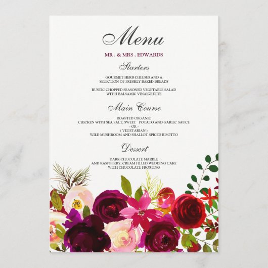 Bourgondische Bloemen Bloemrijke Elegante Trouw Menu (Voorkant)