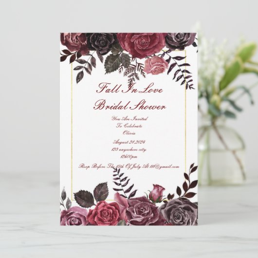 Bourgondische bloemen bruids douche uitnodiging (Staand voorkant)