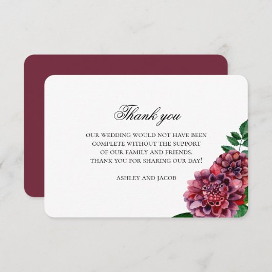 Bourgondische bloemen bruiloft dank u. Maroon bloe Bedankkaart (Voorkant / Achterkant)