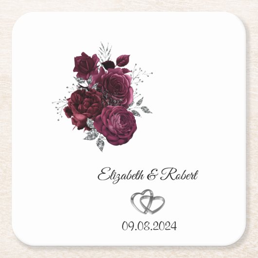 Bourgondische bloemen bruiloft kartonnen onderzetters (Voorkant)