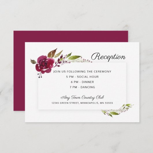 Bourgondische bloemen bruiloft receptie kaart (Voorkant / Achterkant)