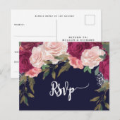 Bourgondische bloemen bruiloft RSVP briefkaart Nav (Voorkant / Achterkant)