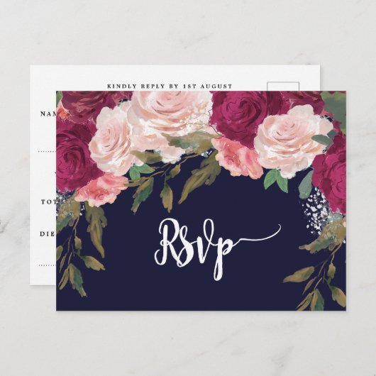 Bourgondische bloemen bruiloft RSVP briefkaart Nav (Voorkant / Achterkant)
