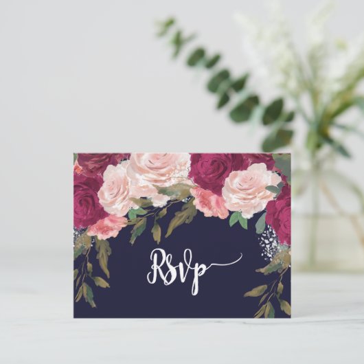 Bourgondische bloemen bruiloft RSVP briefkaart Nav (Staand voorkant)