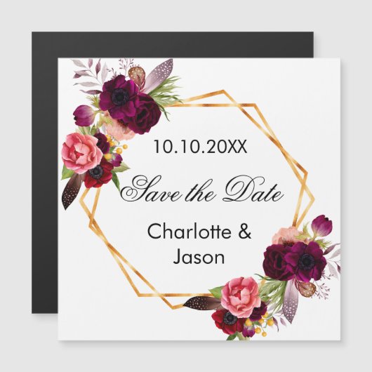 Bourgondische bloemen bruiloft Save the Date magne (Voorkant / Achterkant)