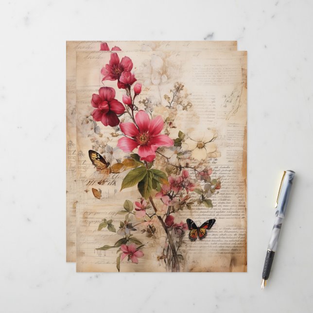 Bourgondische bloemen collage op versleten look ac (Voorkant / Achterkant in situ)