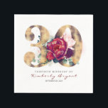 Bourgondische bloemen en gouden typografie 30e ver servet<br><div class="desc">Bourgondische rode bloemen en gouden letters verjaardagsfeestje papieren servetten</div>