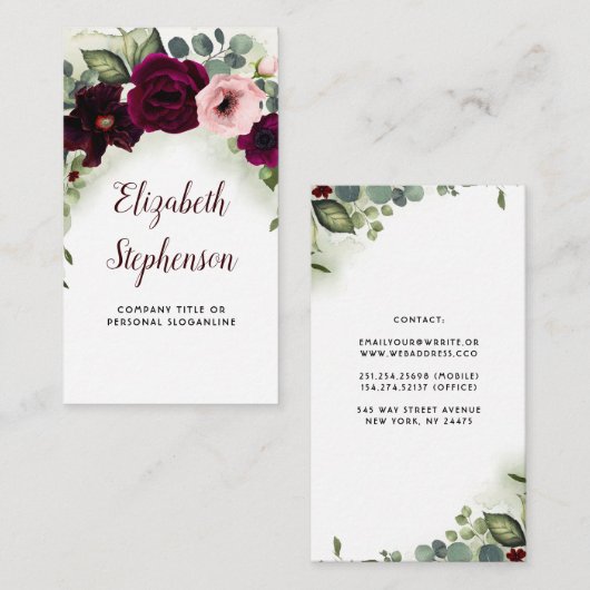 Bourgondische bloemen en groen Garland Elegant Boh Visitekaartje (Voorkant / Achterkant)