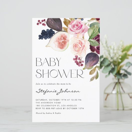Bourgondische bloemen en vijgen Baby shower uitnod (Staand voorkant)