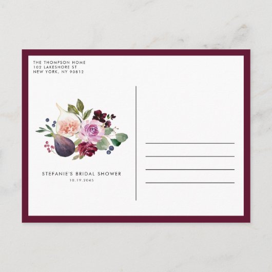 Bourgondische bloemen en vijgen Herfst Vrijgezelle Uitnodiging Briefkaart (Achterkant)