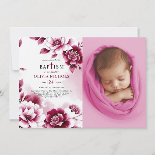 Bourgondische bloemen en waterverf meisje doopsel  kaart (Voorkant)