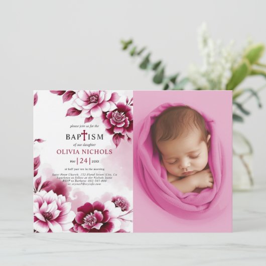 Bourgondische bloemen en waterverf meisje doopsel  kaart (Staand voorkant)