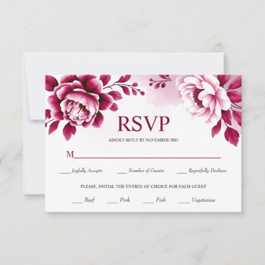 Bourgondische bloemen en waterverf wassen bruiloft RSVP kaartje (Voorkant)