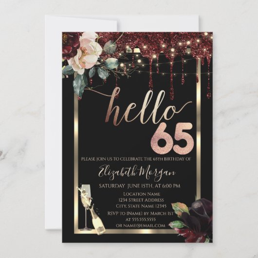 Bourgondische Bloemen,Frame,Champagne 65e Verjaard Kaart (Voorkant)