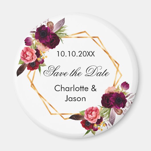 Bourgondische bloemen geometrische bruiloft Save t Magneet (Voorkant)