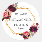 Bourgondische bloemen geometrische bruiloft Save t Ronde Sticker (Voorkant)