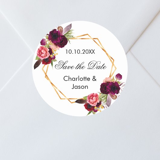 Bourgondische bloemen geometrische bruiloft Save t Ronde Sticker