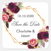 Bourgondische bloemen geometrische bruiloft Save t Vierkante Sticker (Voorkant)