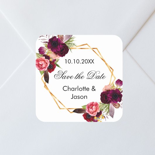 Bourgondische bloemen geometrische bruiloft Save t Vierkante Sticker