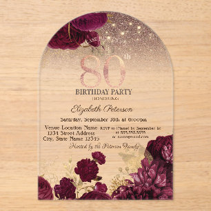 Bourgondische Bloemen Glitter Roze Goud 80ste Verj Acryl Uitnodigingen