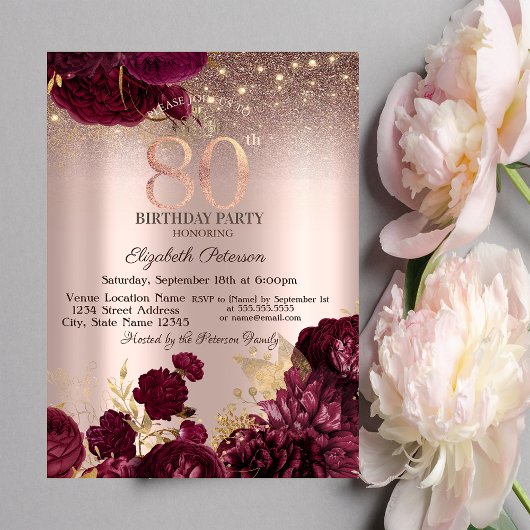 Bourgondische Bloemen Glitter Roze Goud 80ste Verj Kaart