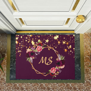 Bourgondische bloemen gouden sterren monogram deurmat
