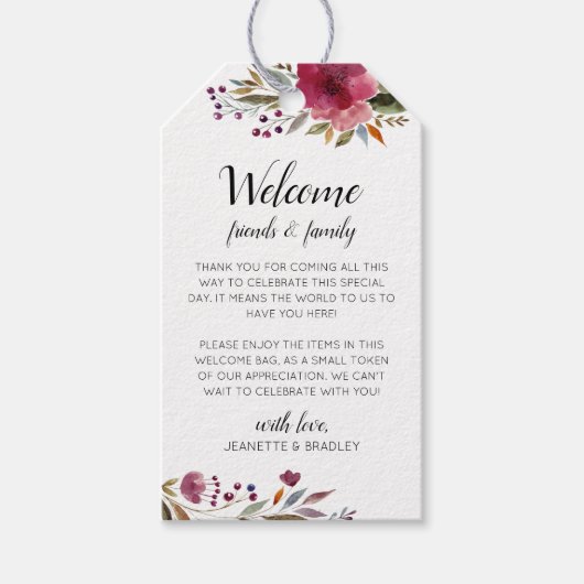 Bourgondische bloemen herfst bruiloft welkom gesch cadeaulabel (Voorkant)