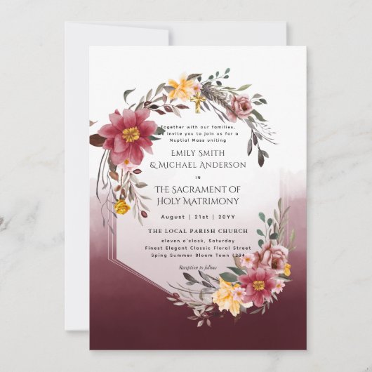 Bourgondische Bloemen Katholieke Huwelijksmis Trou Kaart (Voorkant)