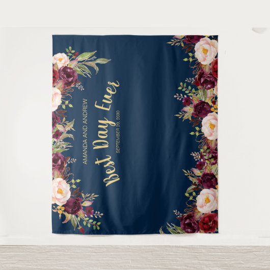 Bourgondische bloemen Navy Gouden Trouwfotohokje Wandkleed (Voorkant)