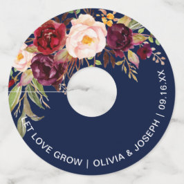 Bourgondische bloemen navyblauw bruiloft wijnglaslabel