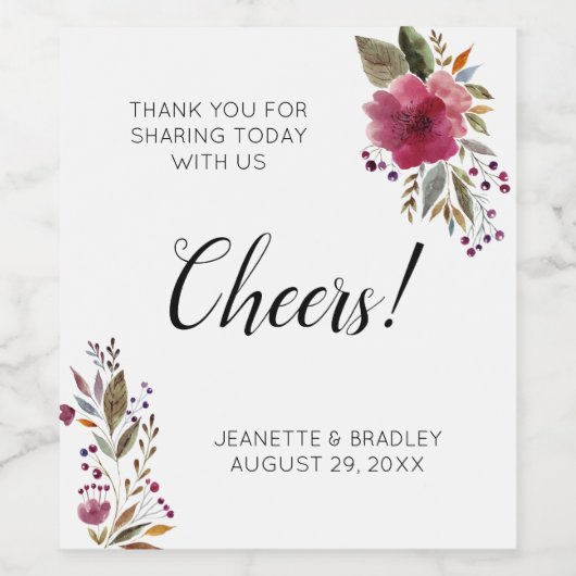 Bourgondische bloemen proost dank u bruiloft wijn etiket (Enkel label)