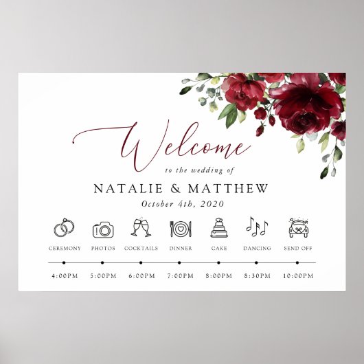 Bourgondische bloemen, rode bloemen, bruiloft tijd poster (Voorkant)