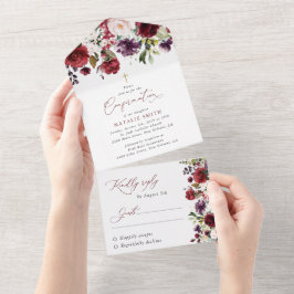 Bourgondische Bloemen, Roze Bloemen, Boho, Communi All In One Uitnodiging