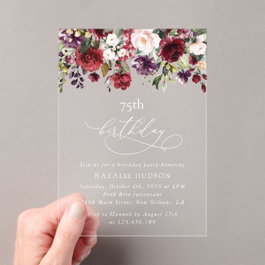 Bourgondische Bloemen, Roze Bloemen, Boho, Verjaar Acryl Uitnodigingen (Insitu (Draagbaar))