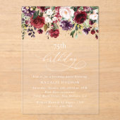 Bourgondische Bloemen, Roze Bloemen, Boho, Verjaar Acryl Uitnodigingen (Voorkant)