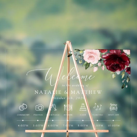 Bourgondische bloemen, roze bloemen, bruiloft tijd acryl bord (Neutraal)