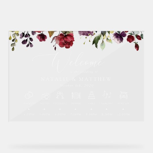 Bourgondische bloemen, roze bloemen, bruiloft tijd acryl bord (Voorkant)