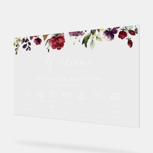 Bourgondische bloemen, roze bloemen, bruiloft tijd acryl bord (Hoek)