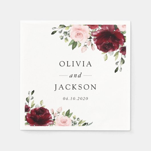 Bourgondische Bloemen, Roze Bloemen, Groene Plante Servet (Voorkant)