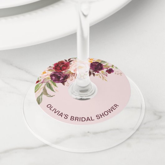 Bourgondische bloemen roze bruiloft brunch wijnglaslabel (Dichtbij)