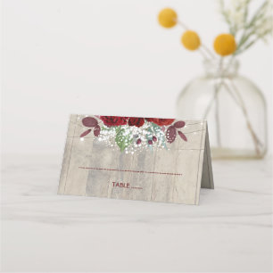Bourgondische bloemen rustieke houten bruiloft plaatskaartje