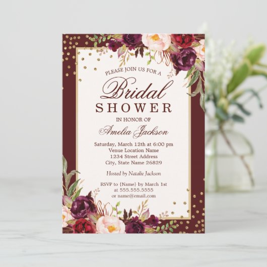 Bourgondische bloemen Sparkle Bruids Douche Uitnod Kaart (Staand voorkant)